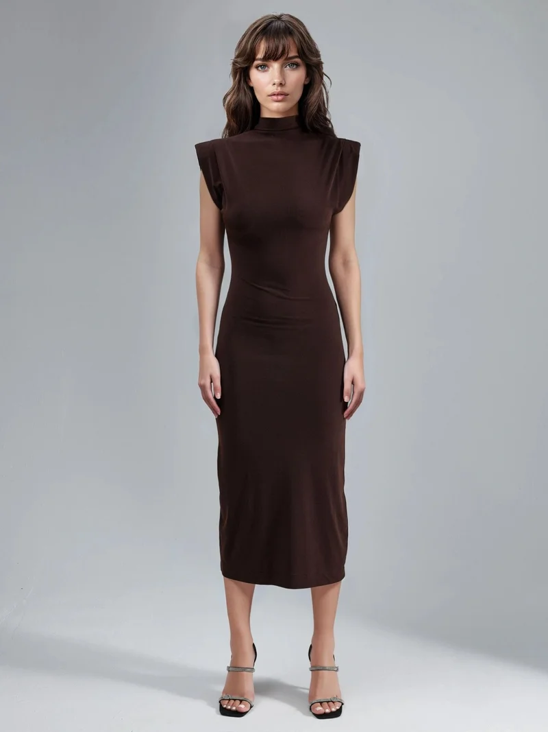 Busem Coffee Brown BUSEM Padded Slit Detailed Midi Dress for Women | Best Price UAE